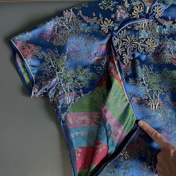 Vintage Peony Brand Shanghai Blue Rayon Cheongsam Dress with Side Slit Size 36 - Picture 9 of 12